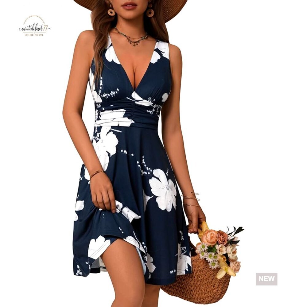 Sleeveless Floral Sundress with Pockets, V-Neck, A-Line, Summer Casual